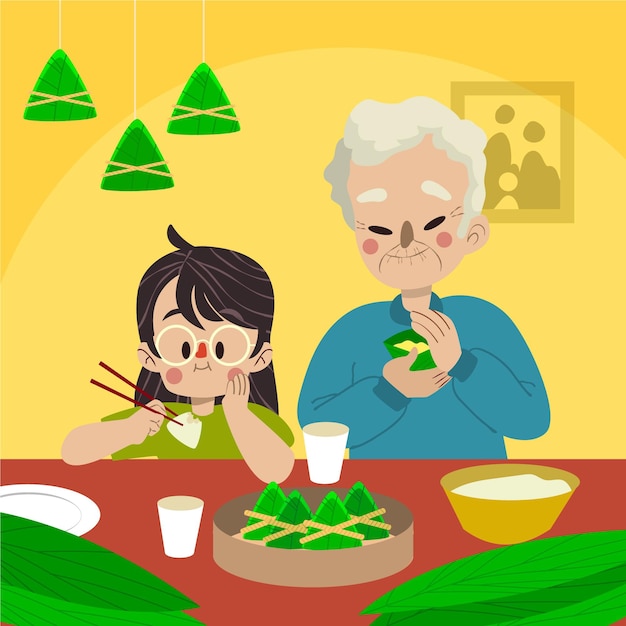 Cartoon dragon boat family preparing and eating zongzi illustration