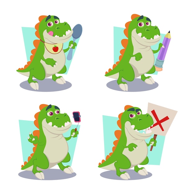 Cartoon dragon character holding pencil, banner with red cross, taking picture on selfie stick set