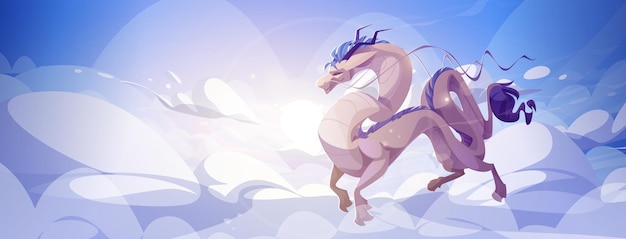 Free Vector cartoon dragon flying above clouds vector illustration of fantastic creature with long tail blue mane and horns clawed paws against heavenly cloudscape background traditional asian mascot animal