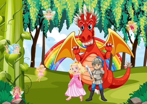 Cartoon dragon and knight in enchanted forest