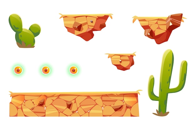 Cartoon elements for arcade game platform, 2d ui design desert landscape elements for computer or mobile.