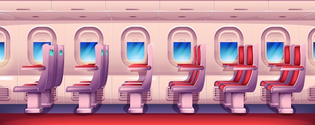 Free Vector cartoon empty airplane interior with aircraft windows and red passenger seats in row economy class plane cabin inside view with chairs and portholes aircraft salon armchairs for jet trip