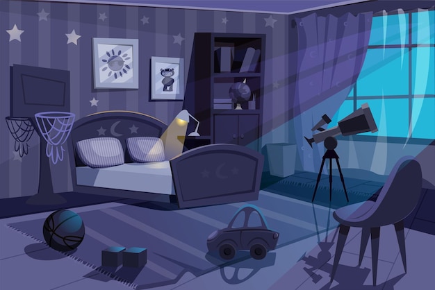 Free vector cartoon empty kid boy bedroom at night