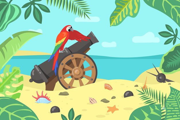 Cartoon exotic parrot sitting on cannon on seashore