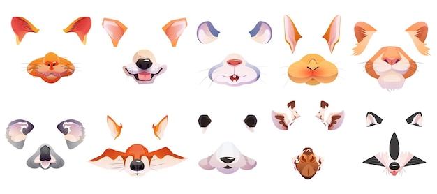 Free Vector cartoon face filters with cute animal masks for selfie photo or video