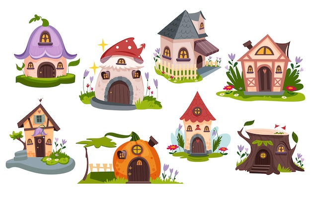 Cartoon fairytale houses of gnome dwarf or elf