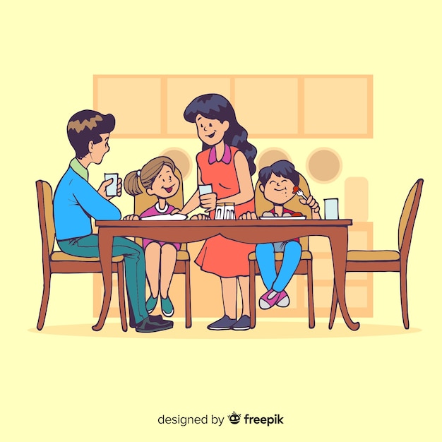 Cartoon family sitting around table illustration