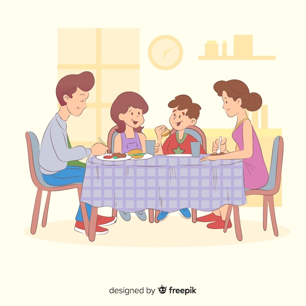 Cartoon family sitting around table illustration