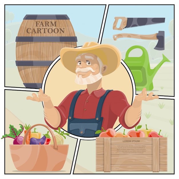 Free Vector cartoon farm colorful composition with ax saw watering can wooden barrel farmer crate of apples and basket of vegetables 