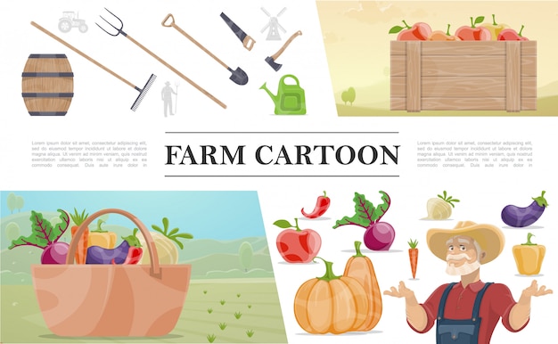 Free Vector cartoon farming colorful composition with farmer wooden barrel manual labor tools crate of apples basket of vegetables