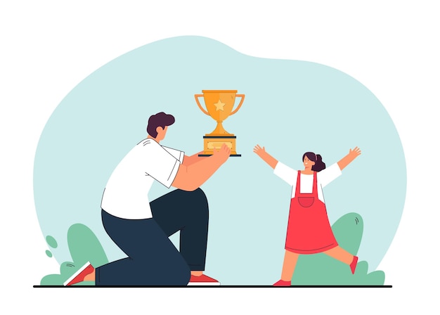 Cartoon father or teacher giving gold cup to little girl. Happy child winning trophy flat illustration