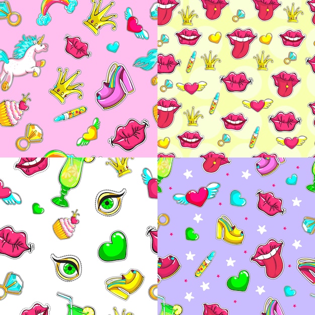 Cartoon Female Patches Seamless Patterns Set