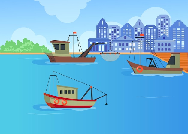 Cartoon fishing boats in harbor flat illustration.