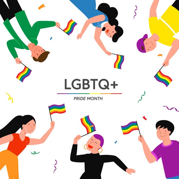 Cartoon flat lesbian gay bisexual transgender queer character group holding rainbow flag on sexual discrimination protest