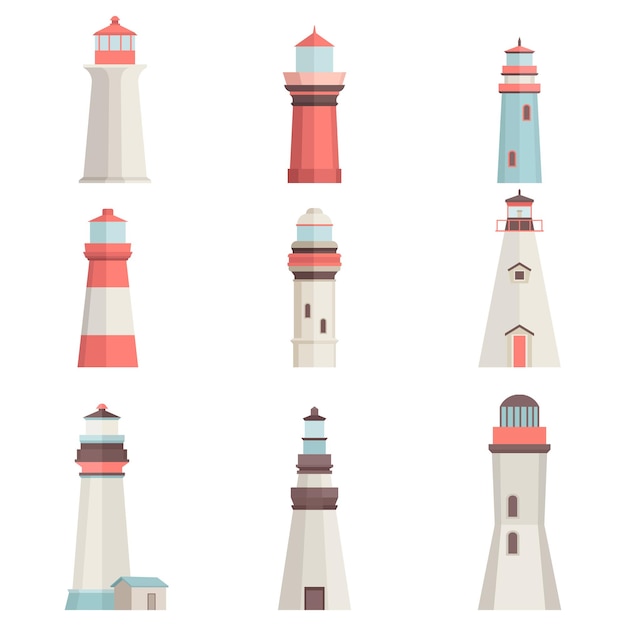 Free Vector cartoon flat lighthouses isolated on white