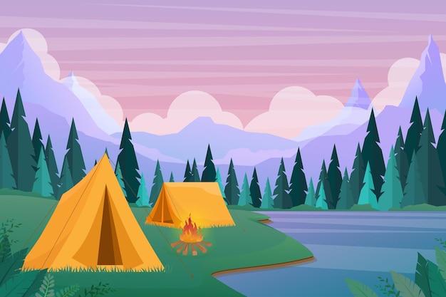 Cartoon flat tourist camp with picnic spot and tent among forest, mountain landscape