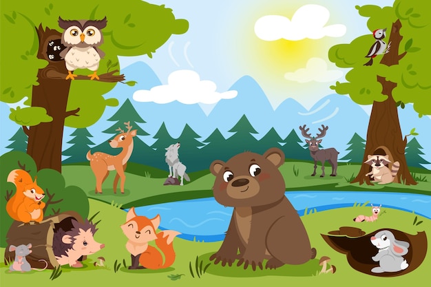 Free Vector cartoon forest animals in wild nature