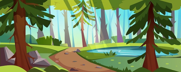 Cartoon forest landscape with pond trees and path with stones