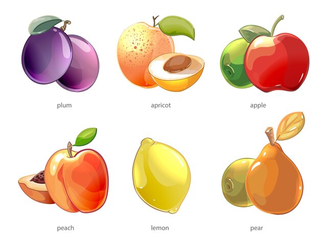 Cartoon fruits vector icons set. Apple and lemon, peach and pear, apricot and plum illustration