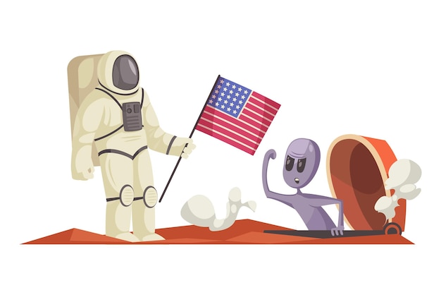 Free Vector cartoon funny alien angry with american astronaut in spacesuit