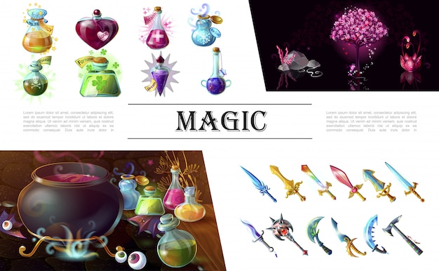 Free Vector cartoon game elements composition with colorful medieval swords mace axe fantasy tree flower cauldron and bottles of magic potions