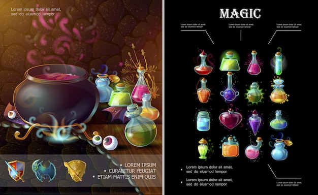 Free Vector cartoon game elements composition with medieval weapons witch cauldron bottles and flasks of different colorful magic potions and elixirs