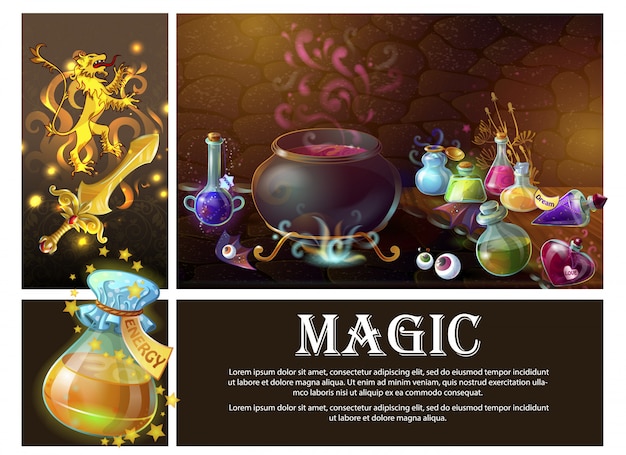 Free Vector cartoon game elements composition with sword heraldic royal lion human eyes witch cauldron and bottles of magic potions