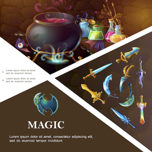 Free Vector cartoon game elements template with shield swords sabres daggers witch cauldron and bottles of colorful magic potions