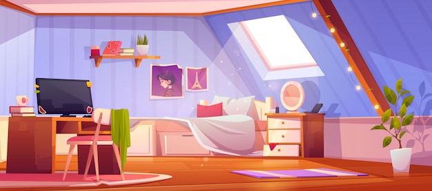 cartoon girl bedroom interior on attic