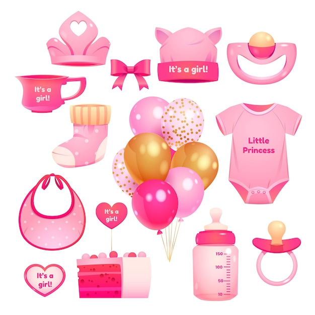 Free Vector cartoon girl birthday objects collection