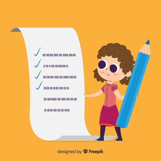 Cartoon girl checking giant check list background