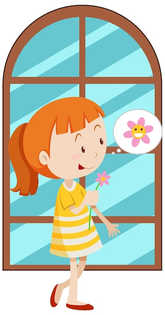 Cartoon girl holding a pink flower