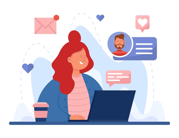 Cartoon girl searching for romantic partner using laptop. Woman sitting at computer and trying to find boyfriend online. Flat illustration