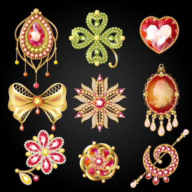 Free Vector cartoon glossy gold brooches collection