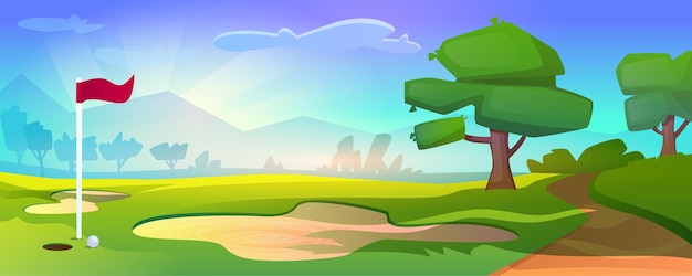 Free vector cartoon golf course on nature landscape with red flag and ball on grass