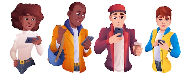 Cartoon group of people using smartphone. Men and women different nationalities holding mobile phone and chatting, typing messages. Young characters looking on gadgets. Online communication concept.