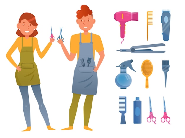 Free Vector cartoon hairdressers with accessories vector illustrations set. characters in aprons with barbershop equipment: combs, scissors isolated on white background. job or professions concept for kids