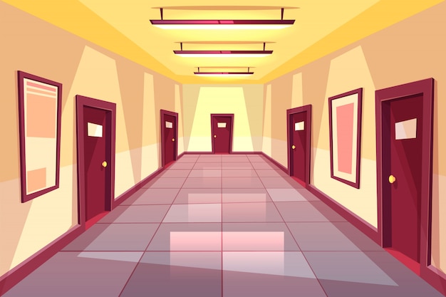 Free Vector cartoon hallway, corridor with many doors - college, university or office building.