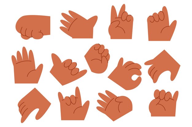 Cartoon hand gesture collection with dark skin tone