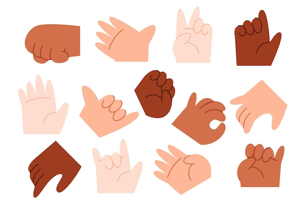 Cartoon hand gesture collection with different skin tones