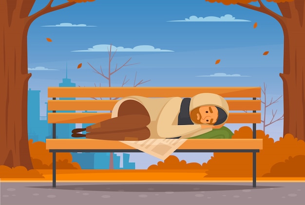 Cartoon homeless people flat with man lies on a bench in the street and he is cold