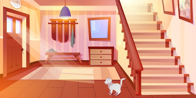 Free Vector cartoon house hallway entrance interior with wooden stairs and furniture