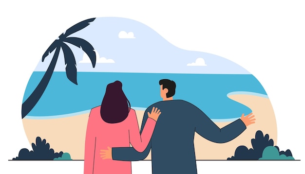 Free Vector cartoon husband and wife looking at tropical landscape. family going on trip to seaside flat vector illustration. traveling, tourism, vacation concept for banner, website design or landing web page