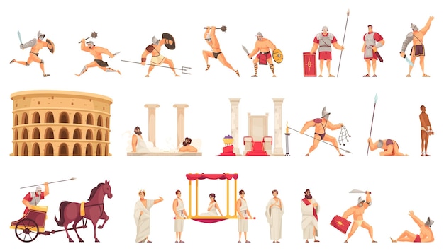 Free Vector cartoon icons set with colosseum gladiators and citizens from ancient rome isolated vector illustration