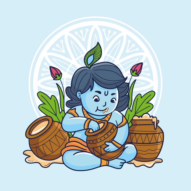 Cartoon illustration of baby krishna eating butter