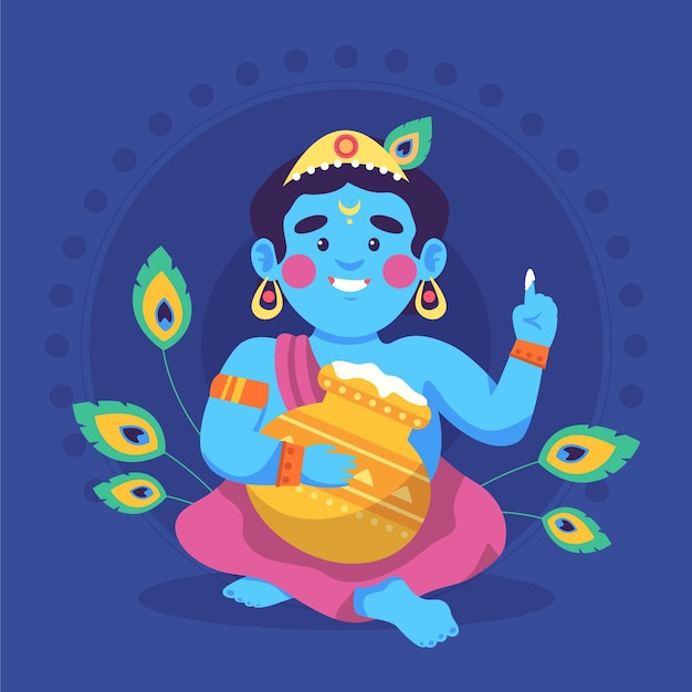 Free Vector cartoon illustration of baby krishna eating butter