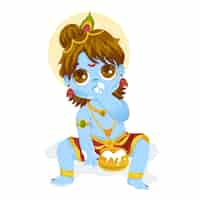 Free vector cartoon illustration of baby krishna eating butter