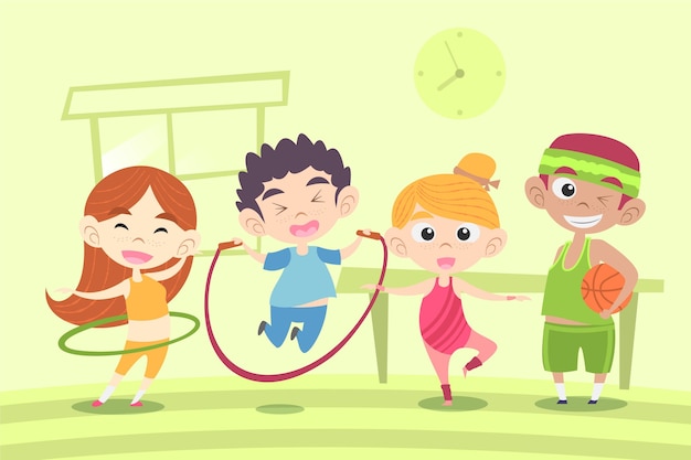 Cartoon illustration of children in physical education class