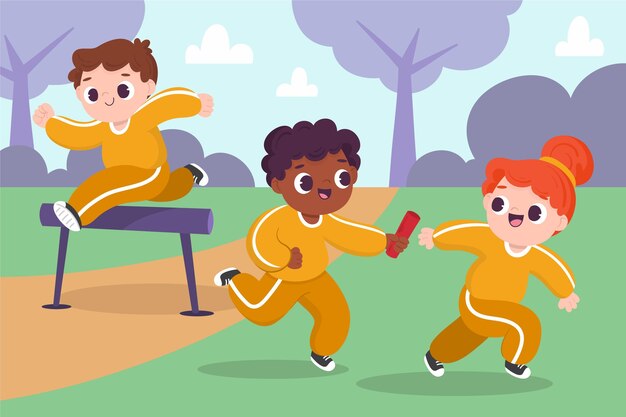 Cartoon illustration of children in physical education class