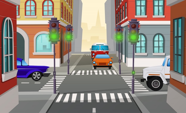 cartoon illustration city crossroad with green traffic lights and cars, intersection of roads